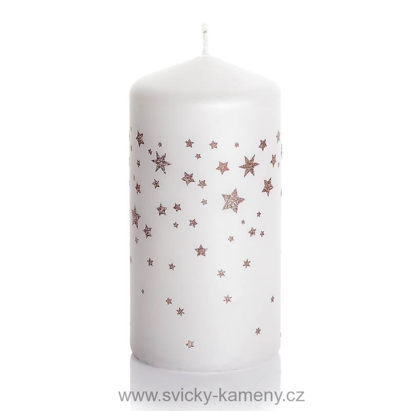 SVÍČKA VÁNOČNÍ DÁRKOVÁ ZIMNÍ HVĚZDY VÁLEC 70x150 mm BÍLÁ