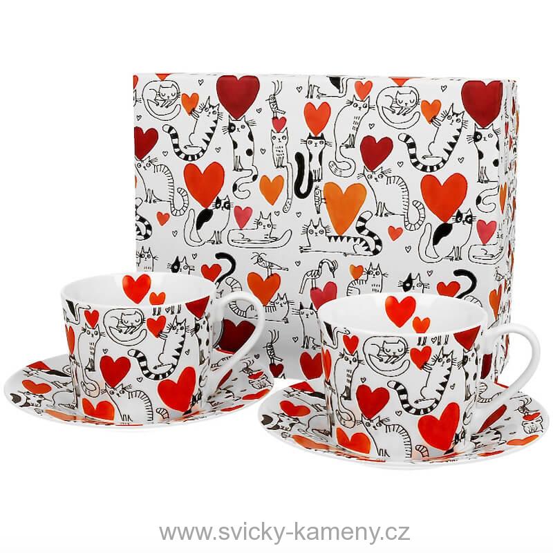 DÁRKOVÝ ŠÁLEK S PODŠÁLKEM 230 ml KOČKY S ČERVENÝMI SRDÍČKY 2kusy