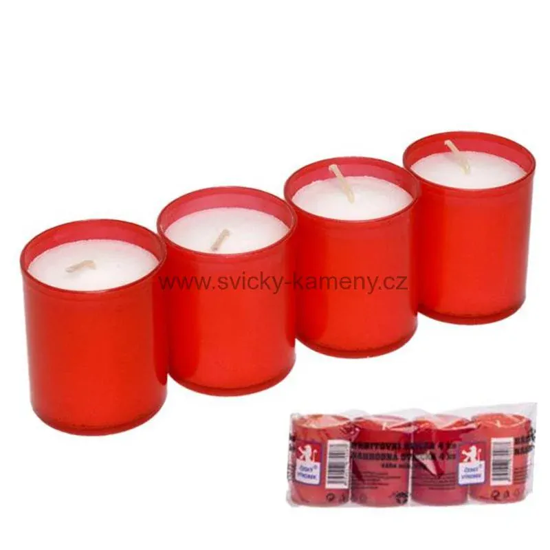 SVÍČKY HŘBITOVNÍ 4 kusy ČESKÁ VÝROBA ČERVENÝ KALÍŠEK 60g.