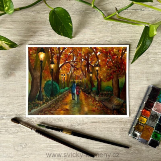 PODZIMNÍ ROMANCE Akvarelový obraz - A5 formát
